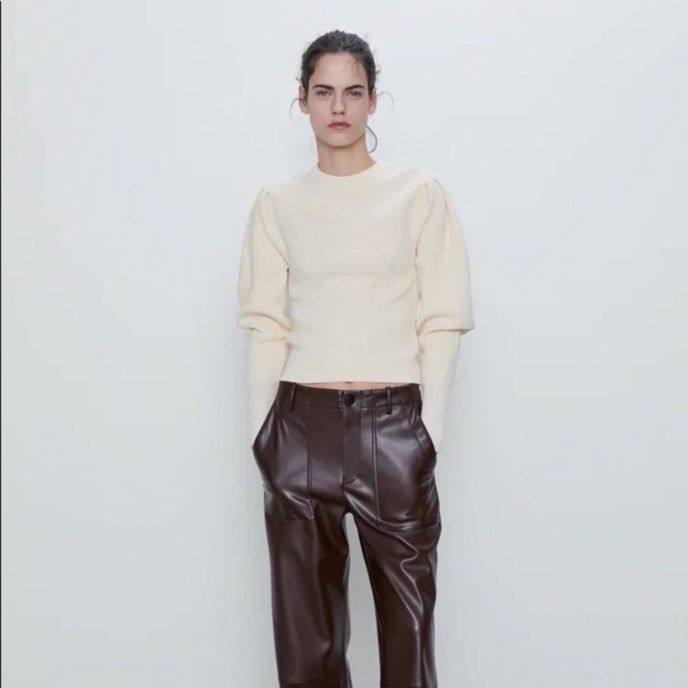 Zara Beige Balloon Sleeve Knit Crop Sweater